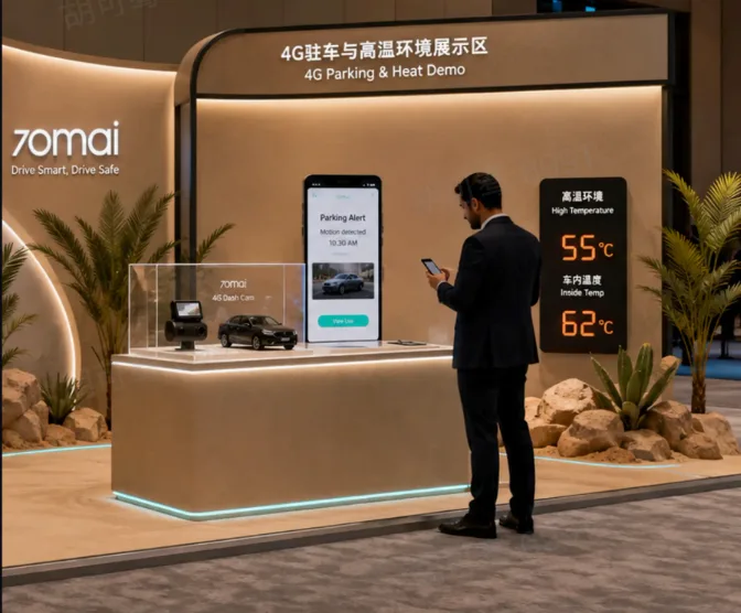 70mai 4G Parking & Heat Demo zone — transparent acrylic case with dash cam, app showing Parking Alert, and temperature display reading 55°C/62°C