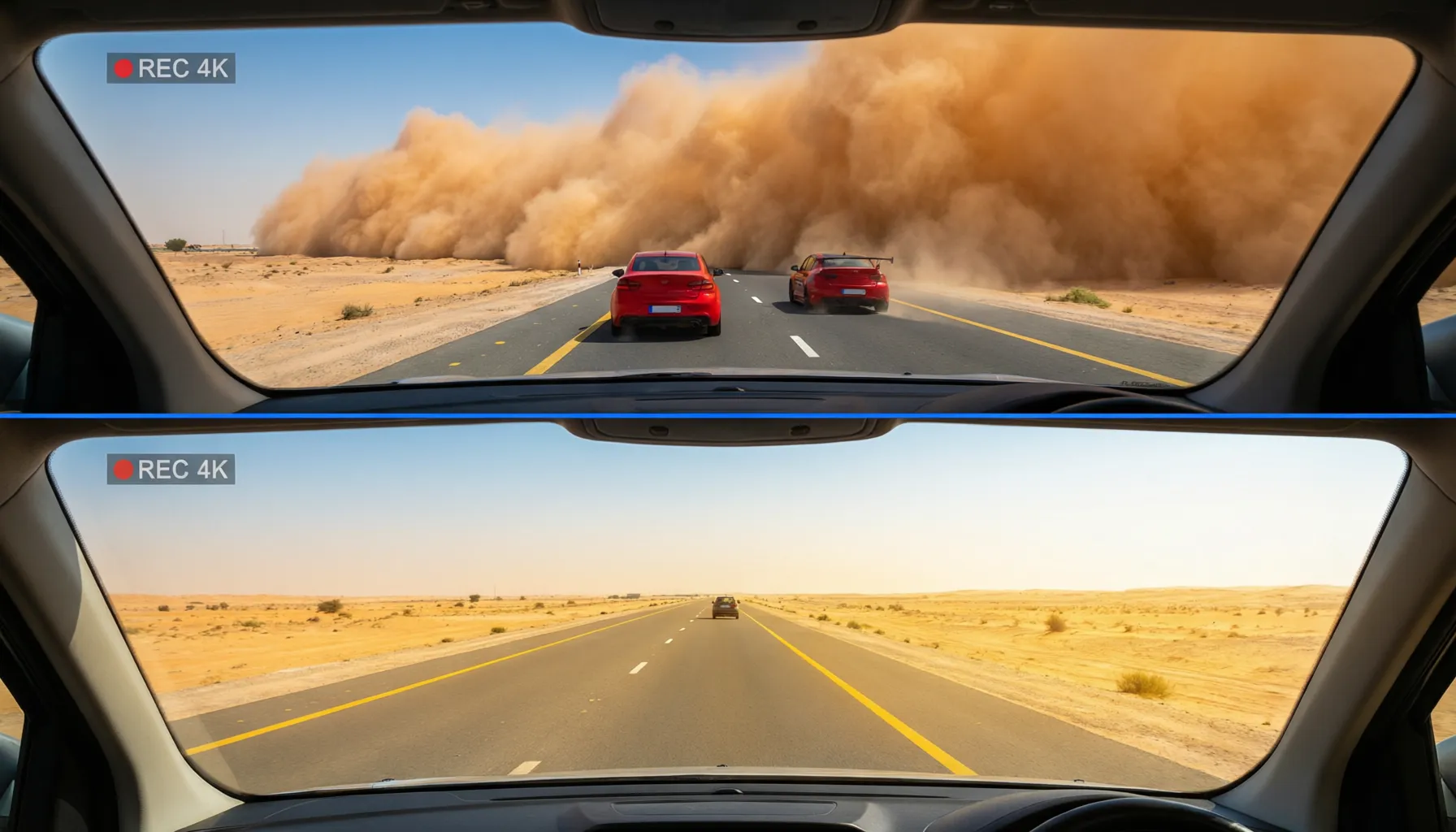 Front and rear dual camera split-screen showing sandstorm vs clear road conditions — dramatic contrast captured simultaneously in 4K