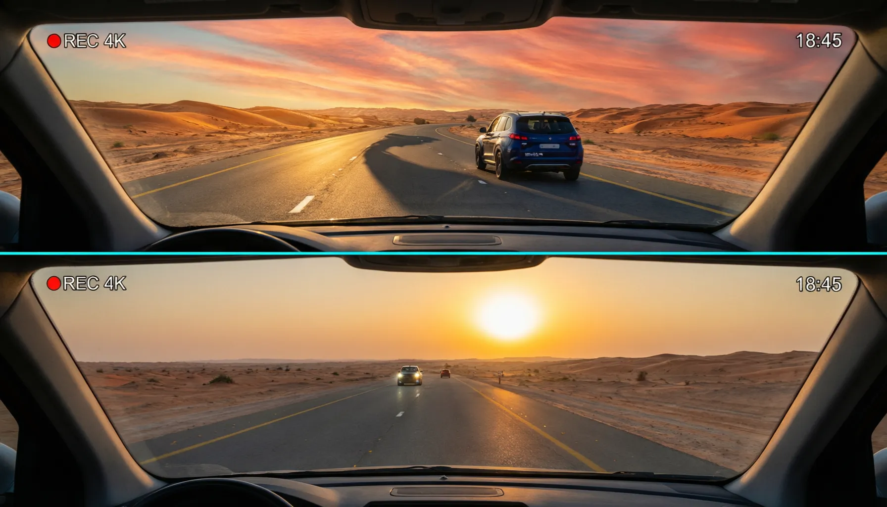 Golden hour sunset split-screen — front and rear cameras capturing the same desert highway at 18:45, warm light on both feeds