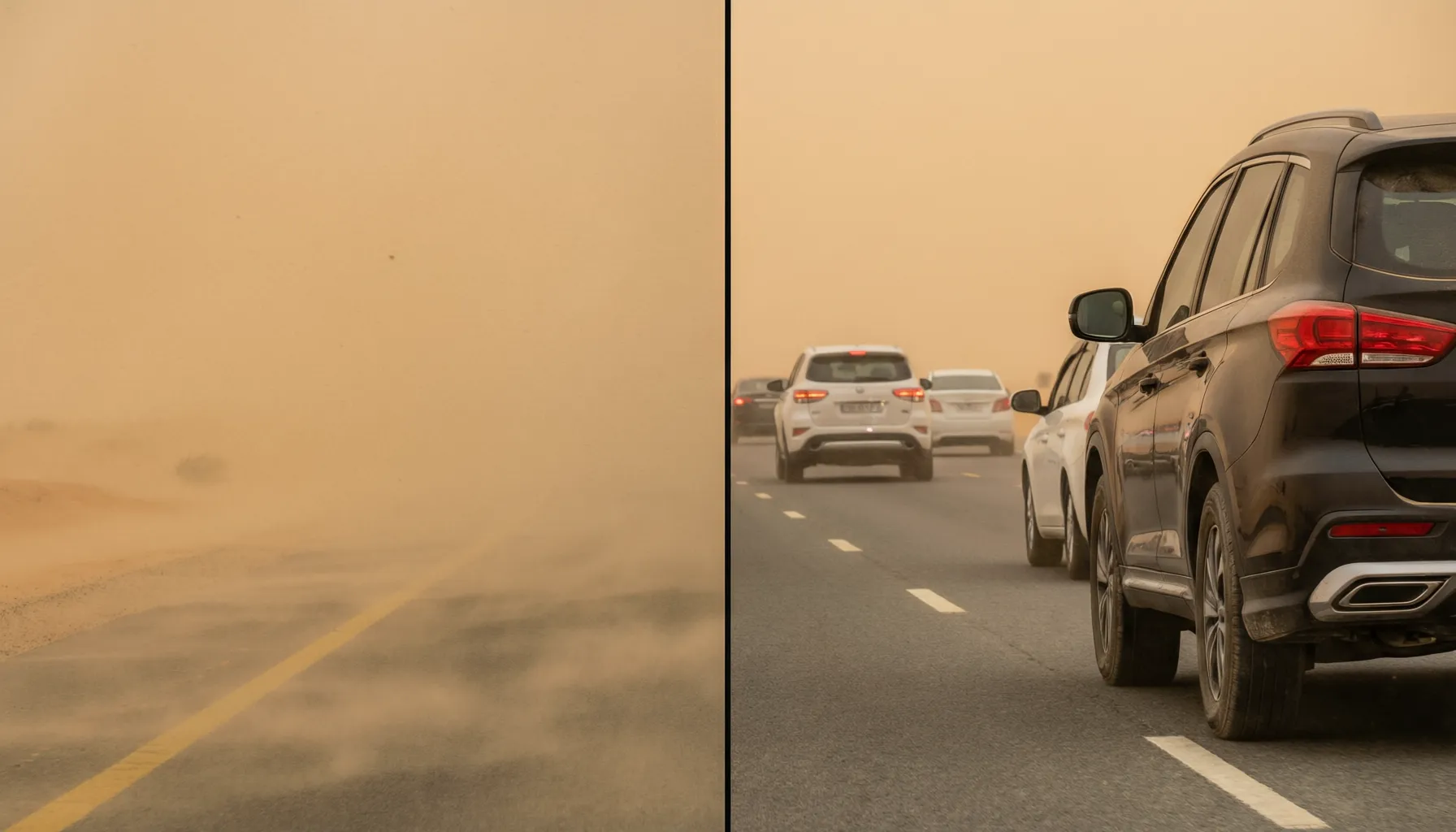 Side-by-side visibility comparison — sandstorm obscured view vs clear enhanced view showing vehicles and road markings