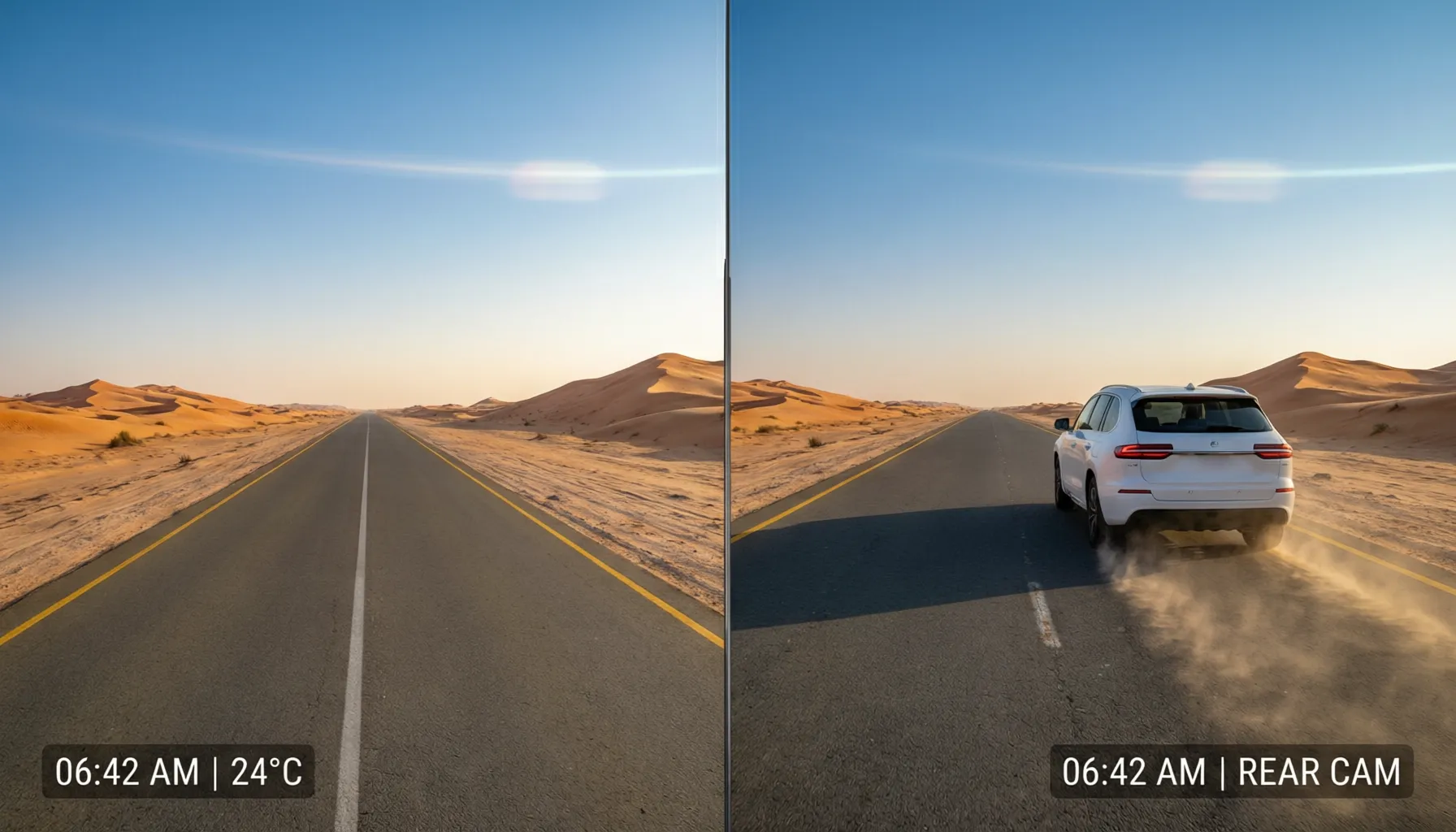 Front and rear dual camera view of desert highway at golden hour — white SUV on rear cam, open road on front cam, both recording 4K simultaneously at 06:42 AM